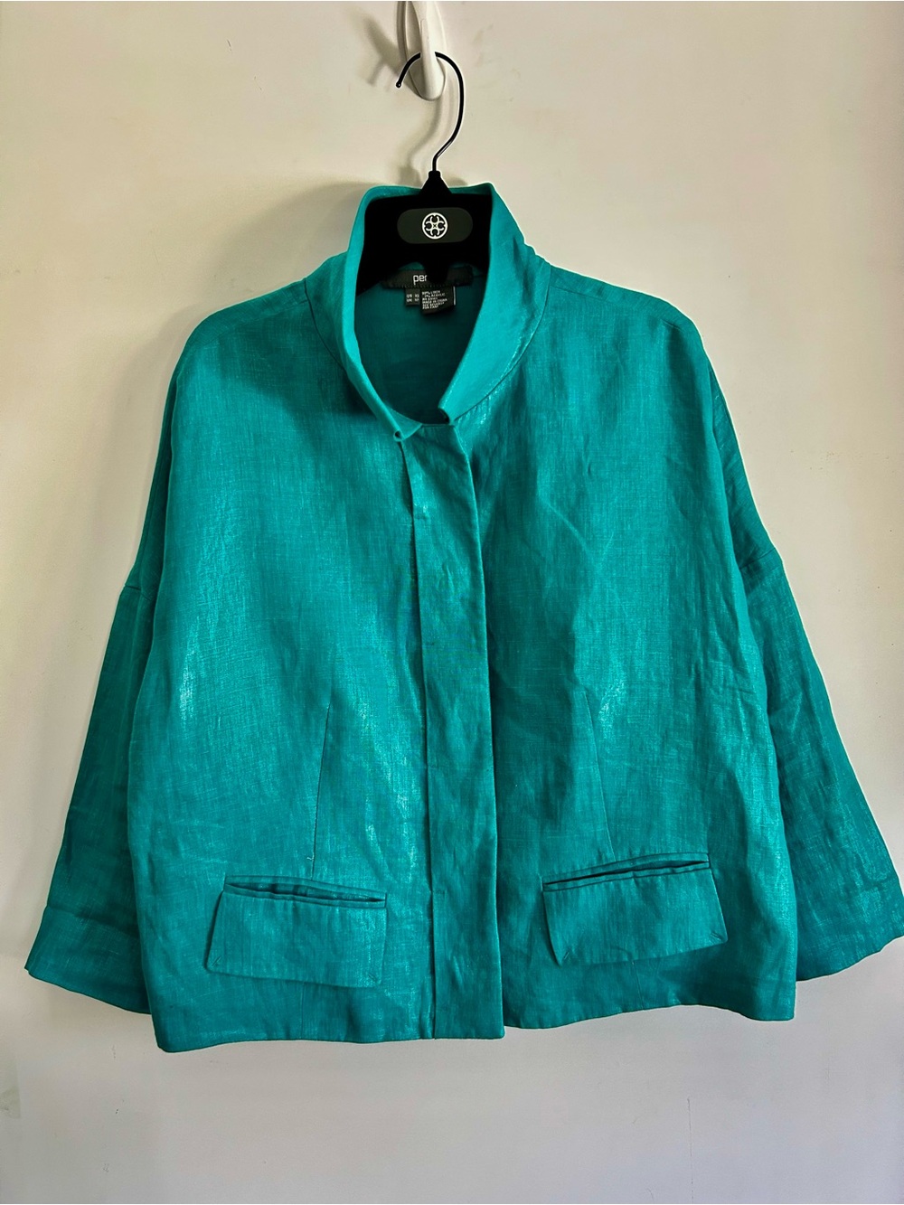 Per Se Teal Linen Jacket Boxy Short Jacket SZ 10